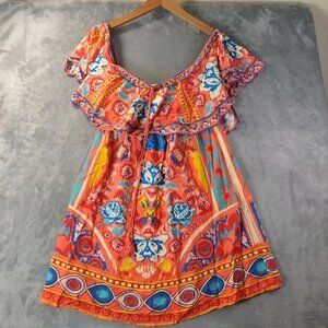 Flying Tomato Women’s Off Shoulder Dress S Multicolor Boho Ruffle Festival Rayon